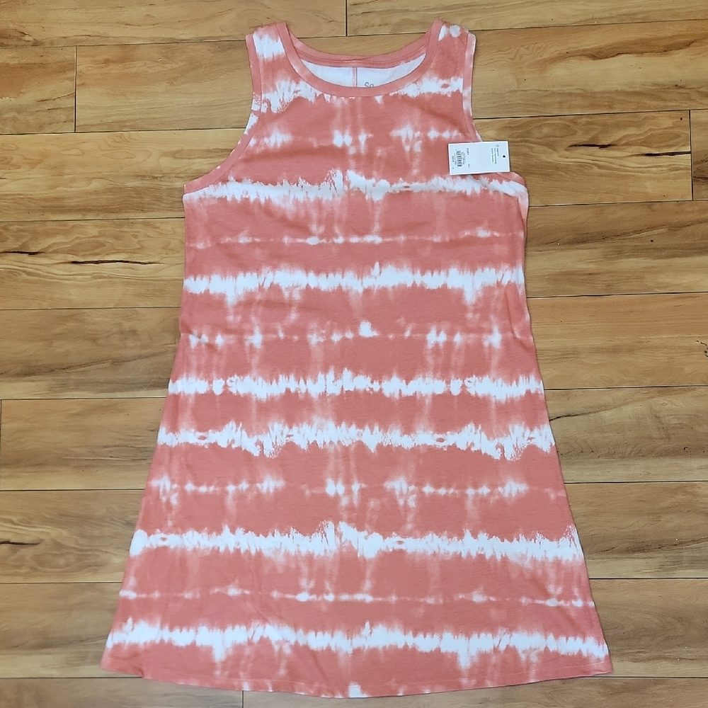 SO Size LARGE JR 100% Cotton Sleeveless Tank Swing Dress Tie-Dye Peach White NEW